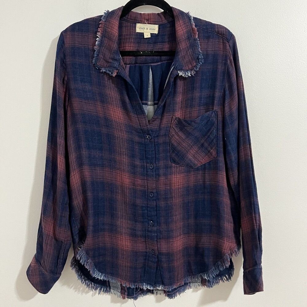 Cloth & Stone Womens Plaid Button Up Shirt Small Blue Frayed Gauzy Top Relaxed